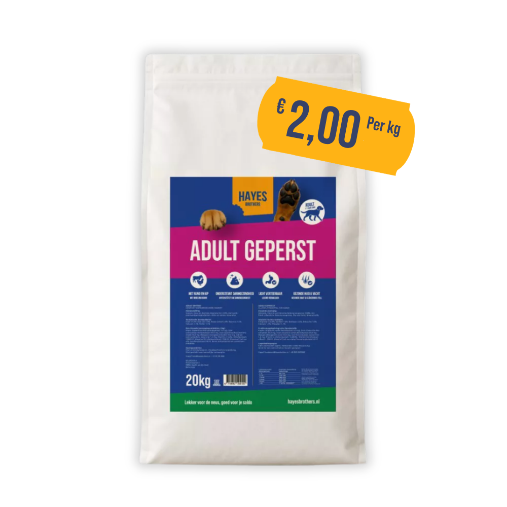 droog hondenvoer, volwassen hondenvoer, 20kg zak, groene label, blauw roze label