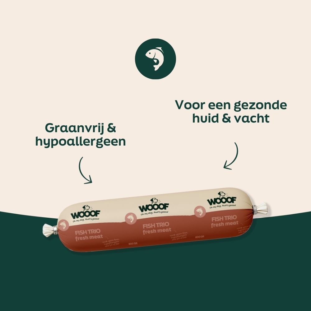 graanvrij, hypoallergeen, worst, vis-trio, vers vlees