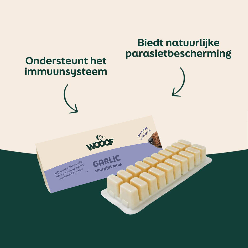Schapenvet met knoflook - bites WOOOF schapenvet met knoflook bites voordelen