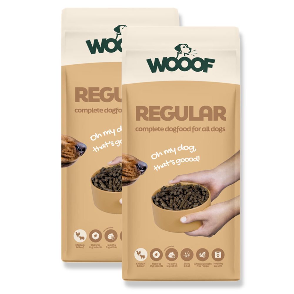 2x WOOOF Regular 18KG (36KG) geperst droog hondenvoer voor volwassen honden