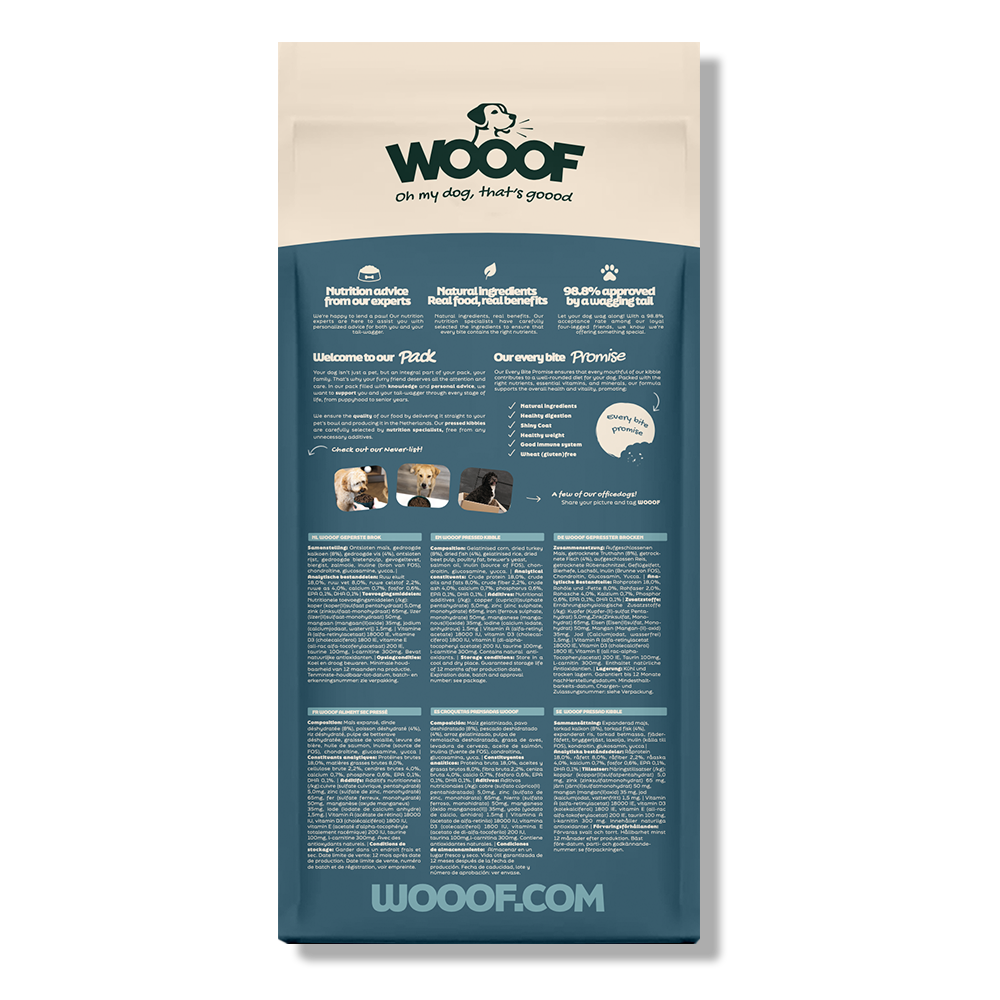 Achterkant van 1 zak WOOOF Senior 18KG