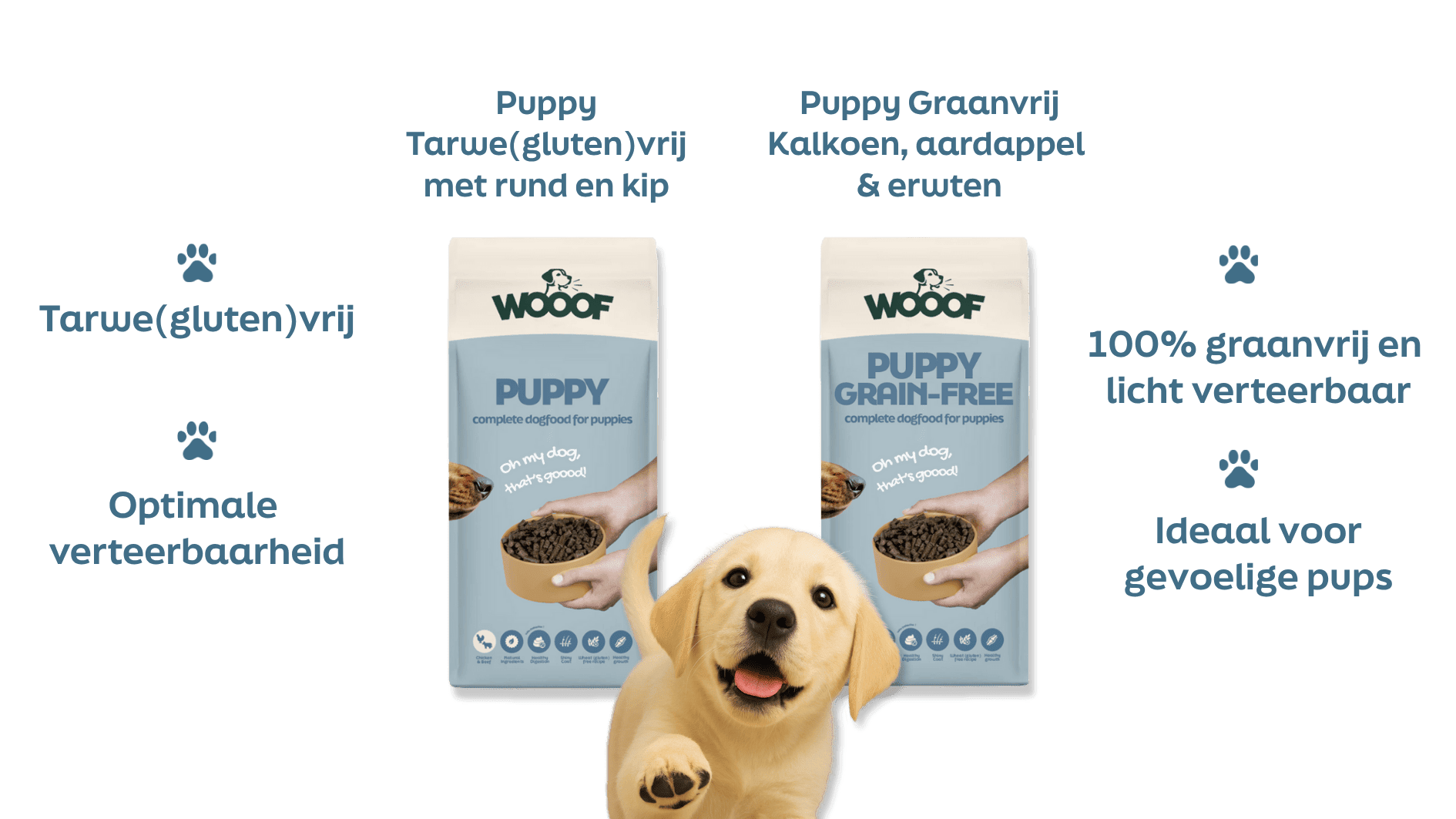 Vergelijking wooof puppyvoer en wooof puppyvoer graanvrij