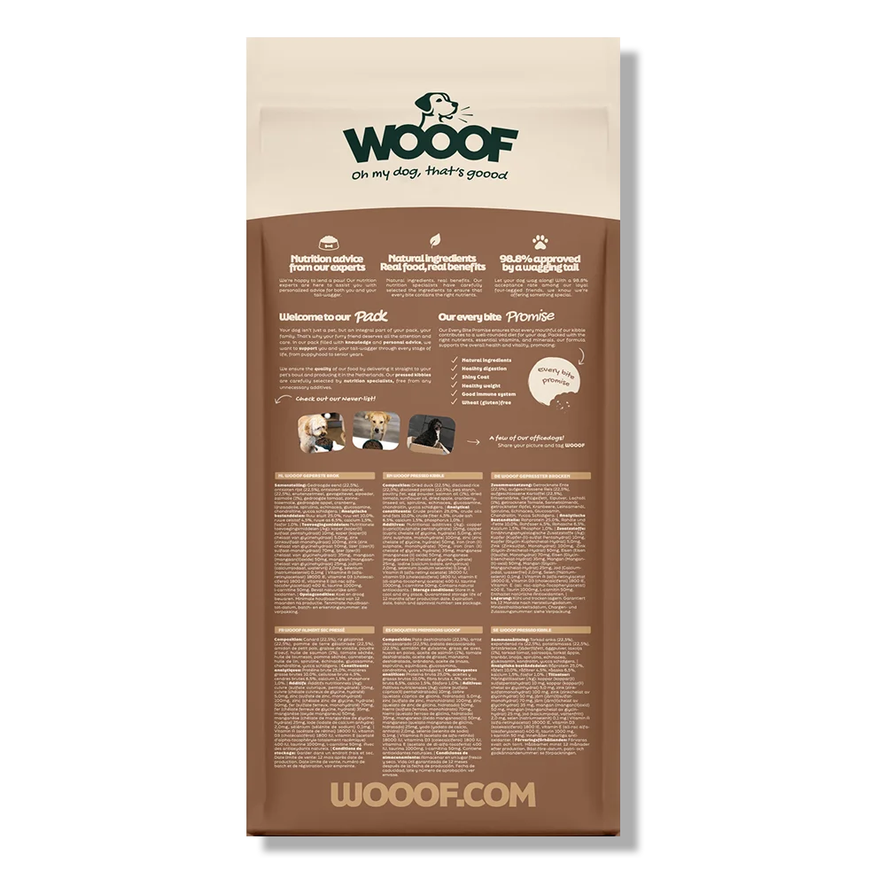 Achterkant van 1 zak WOOOF eend 18KG