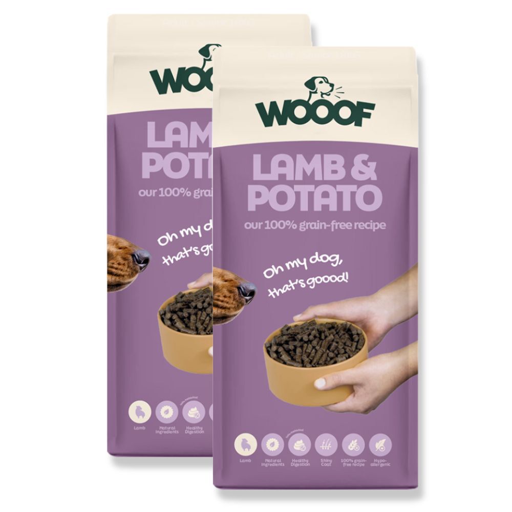 2x WOOOF Lam & Aardappel 18KG (36KG) graanvrij en hypoallergeen geperst hondenvoer voor gevoelige honden
