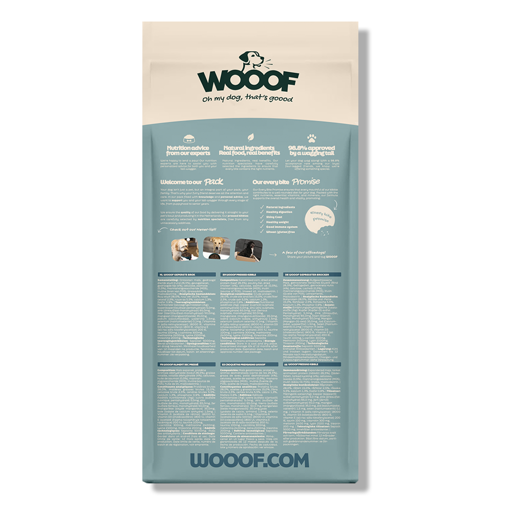 Achterkant van 1 zak WOOOF Puppy Graanvrij 18KG