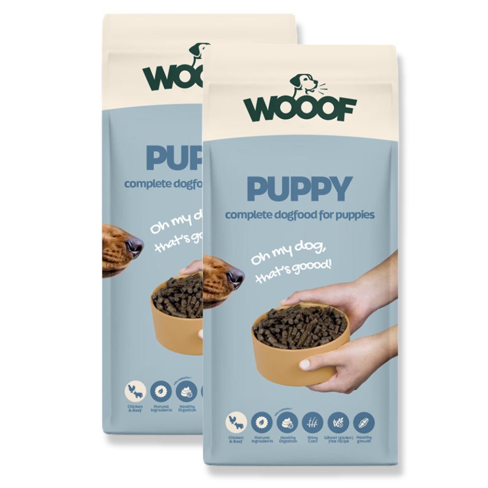 2x WOOOF Puppy 18KG (36KG) geperst droogvoer voor pups, ondersteunt gezonde groei