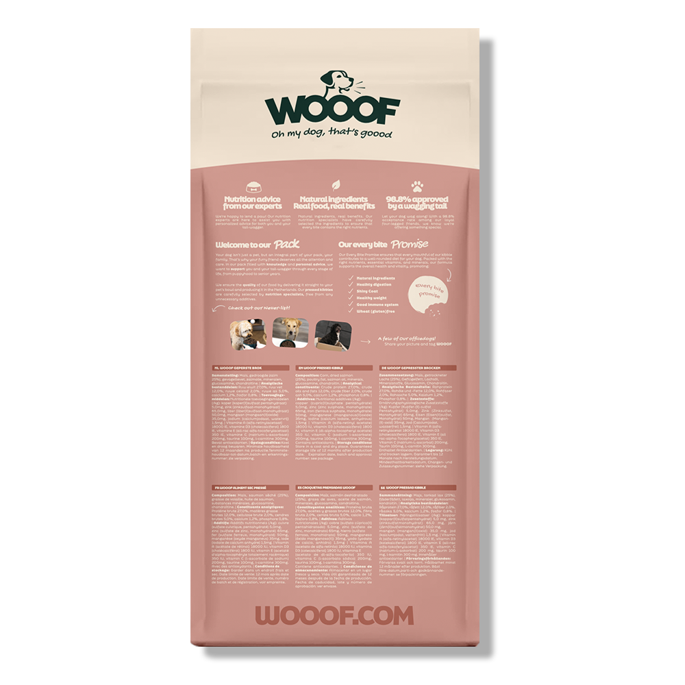 Achterkant van 1 zak WOOOF Zalm 18KG