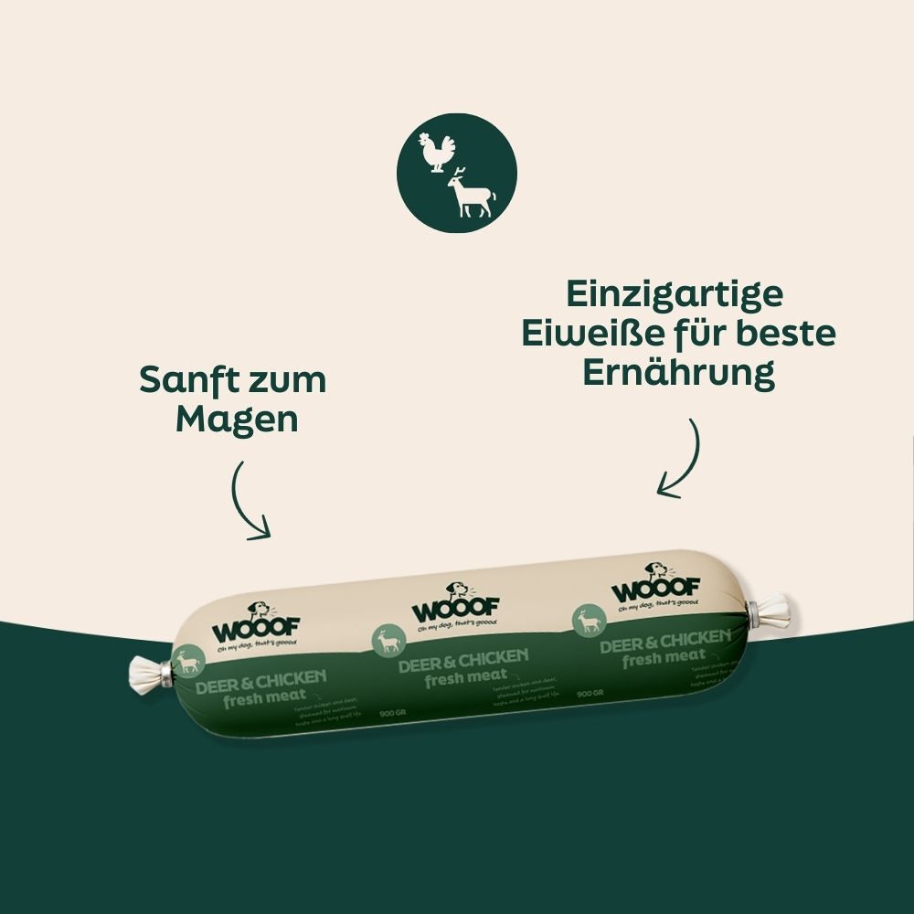 WOOOF Hirsch- und Hühnerwurst Frisch WOOOF Hirsch- und Hühnerwurst Frisch