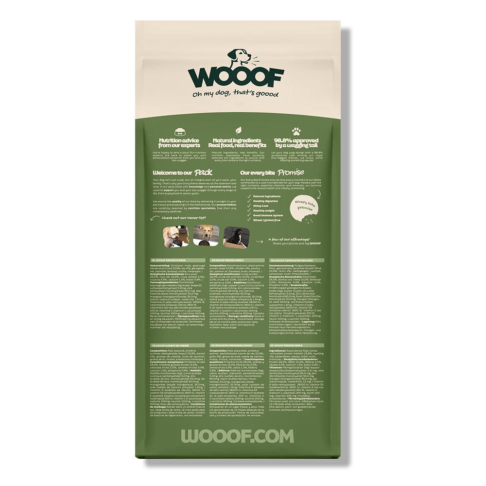 WOOOF High-Energy Hundefutter Rückseite eines Sacks WOOOF High-Energy Hundefutter