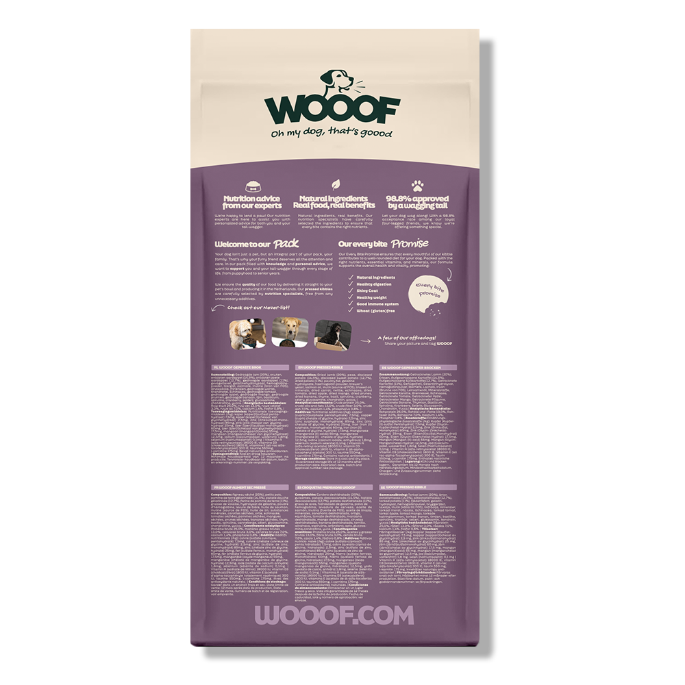 Rückseite eines Sacks WOOOF Lamm & Kartoffel Hundefutter