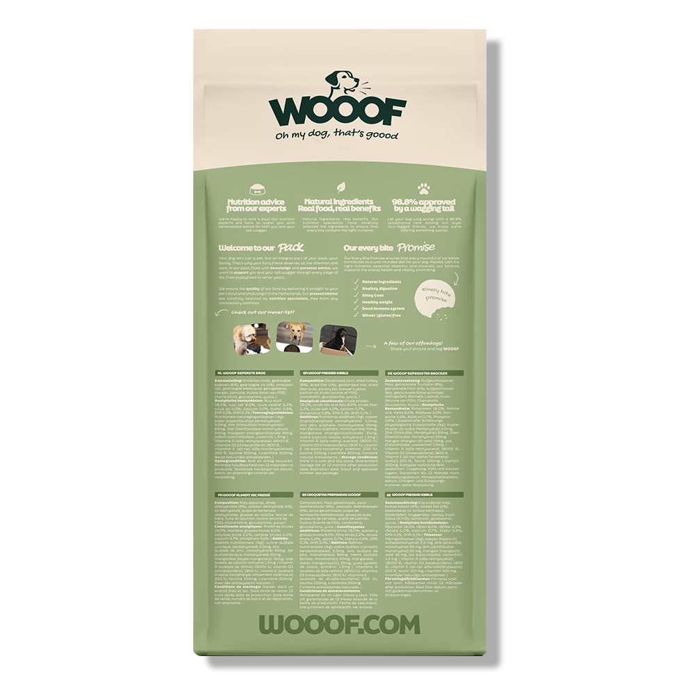 WOOOF light hondenvoer 18kg Achterkant van 1 zak WOOOF Light 18KG