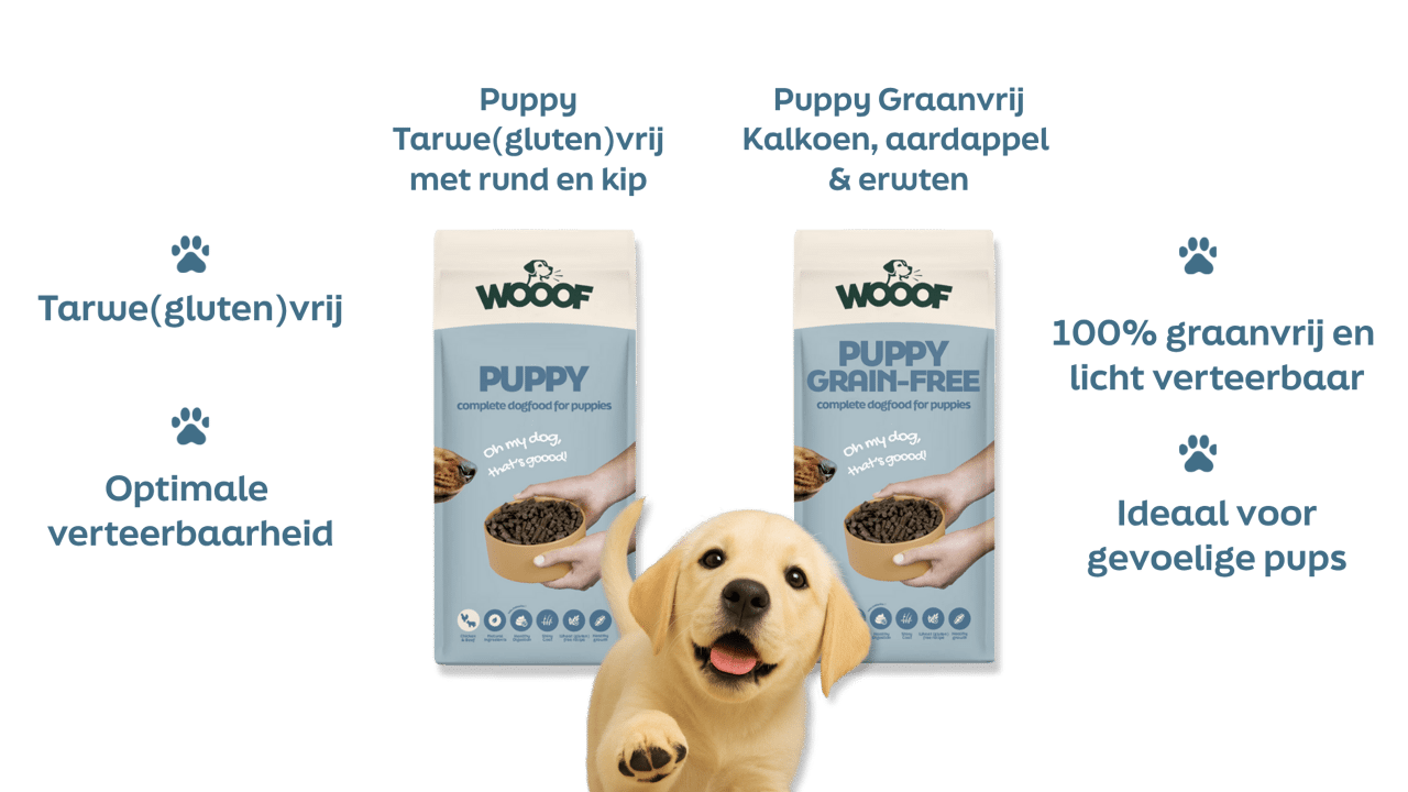 Vergelijking wooof puppyvoer en wooof puppyvoer graanvrij