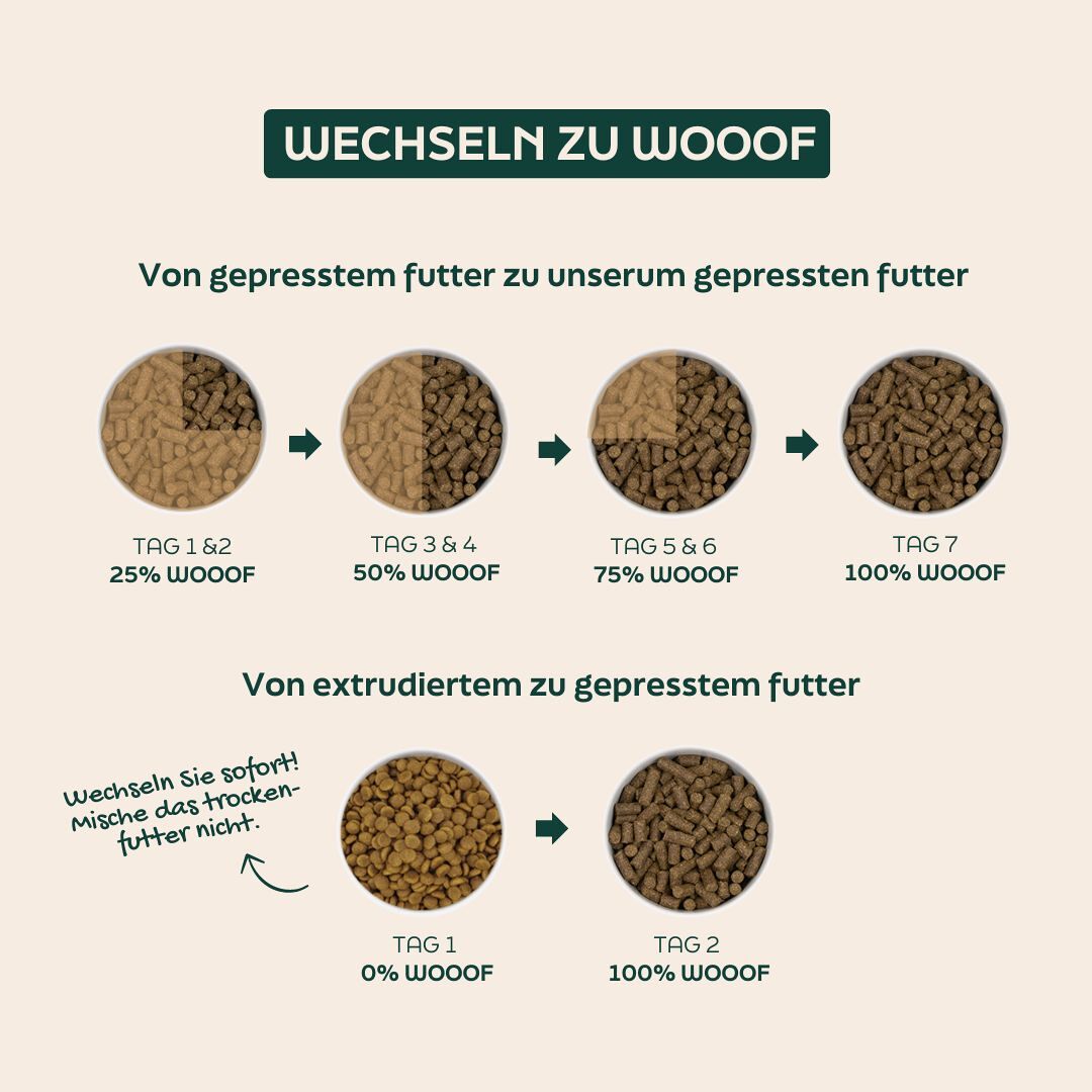 WOOOF Regular Hundefutter Wie wechselt man zu Welpen-Hundefutter?
