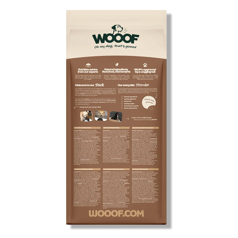 WOOOF Ente Hundefutter Rückseite eines Sacks WOOOF Ente Hundefutter