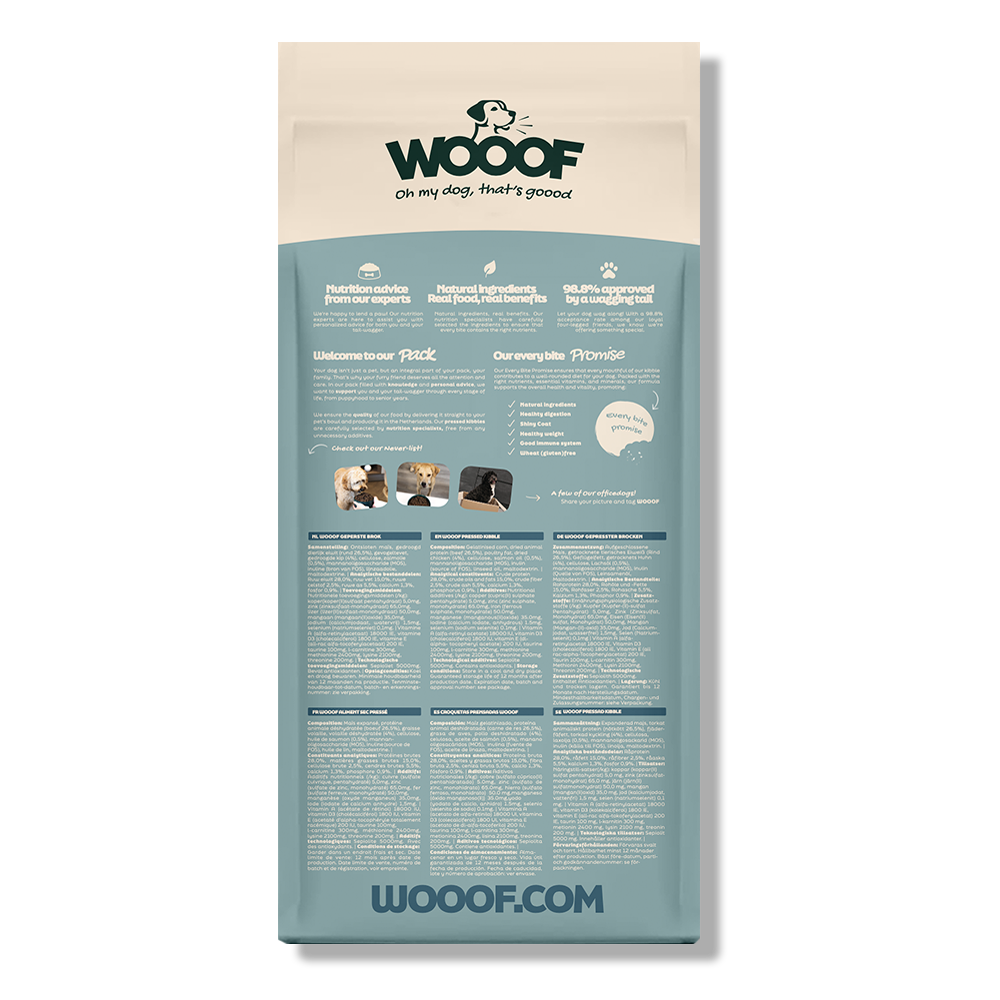 WOOOF Getreidefreies Welpenfutter Rückseite eines Sacks WOOOF Welpen getreidefrei Hundefutter