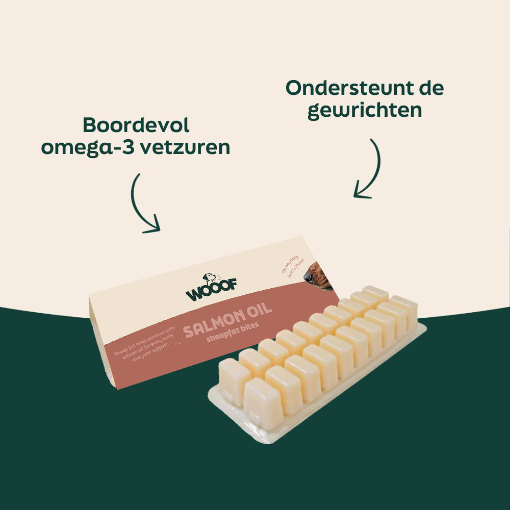 Schapenvet met zalmolie - bites WOOOF schapenvet met zalmolie bites voordelen