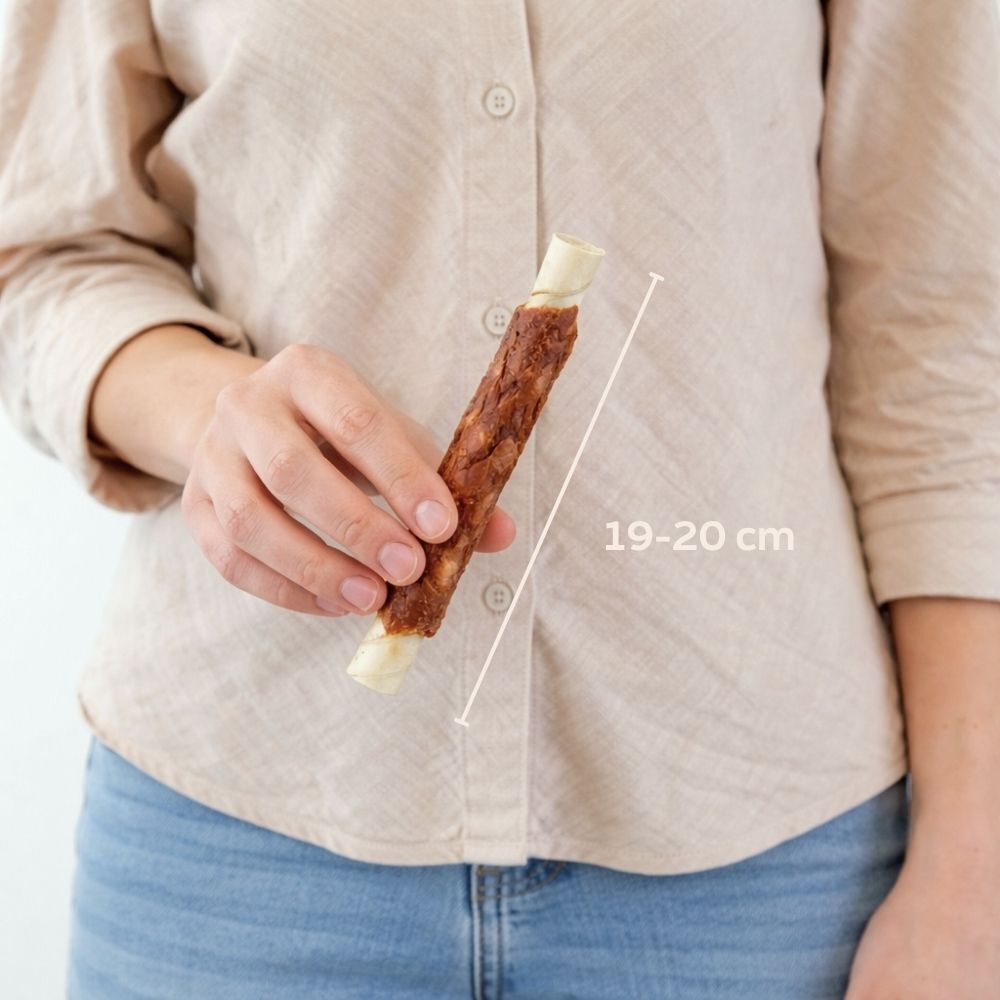 dog treat, bone, rolled snack, straw?, chew stick