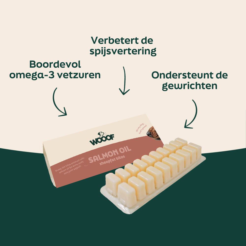 zalmolie, schapenvetbietjes, hondensnoep, omega-3, kauwbaar
